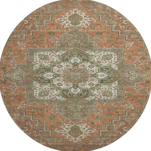 HomeRoots 8' Washable Round Rug in Rust Beige & Olive Green - UV Protected, Stain Resistant, Timeless Elegance 681338
