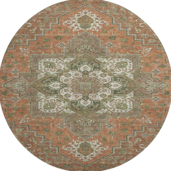 HomeRoots 8' Washable Round Rug in Rust Beige & Olive Green - UV Protected, Stain Resistant, Timeless Elegance 681338