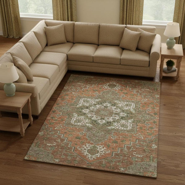 HomeRoots 8' X 10' Washable Oriental Area Rug in Rust Beige & Olive Green with UV Protection for Homes 681339