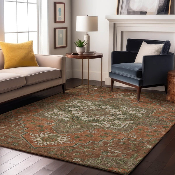 HomeRoots 8' X 10' Washable Oriental Area Rug in Rust Beige & Olive Green with UV Protection for Homes 681339