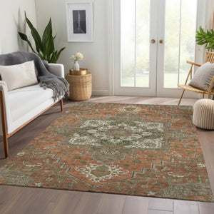 HomeRoots 8' X 10' Washable Oriental Area Rug in Rust Beige & Olive Green with UV Protection for Homes 681339