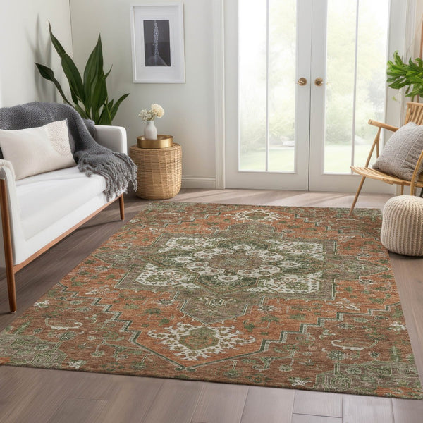 HomeRoots 8' X 10' Washable Oriental Area Rug in Rust Beige & Olive Green with UV Protection for Homes 681339