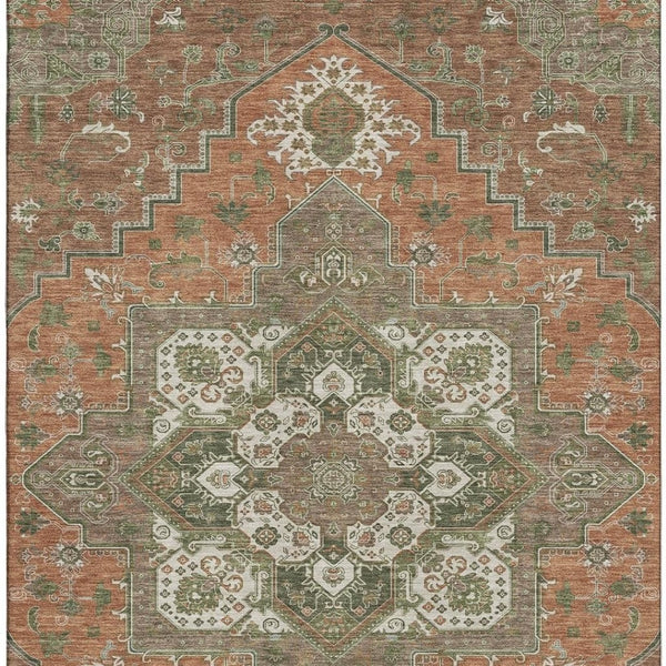 HomeRoots 8' X 10' Washable Oriental Area Rug in Rust Beige & Olive Green with UV Protection for Homes 681339