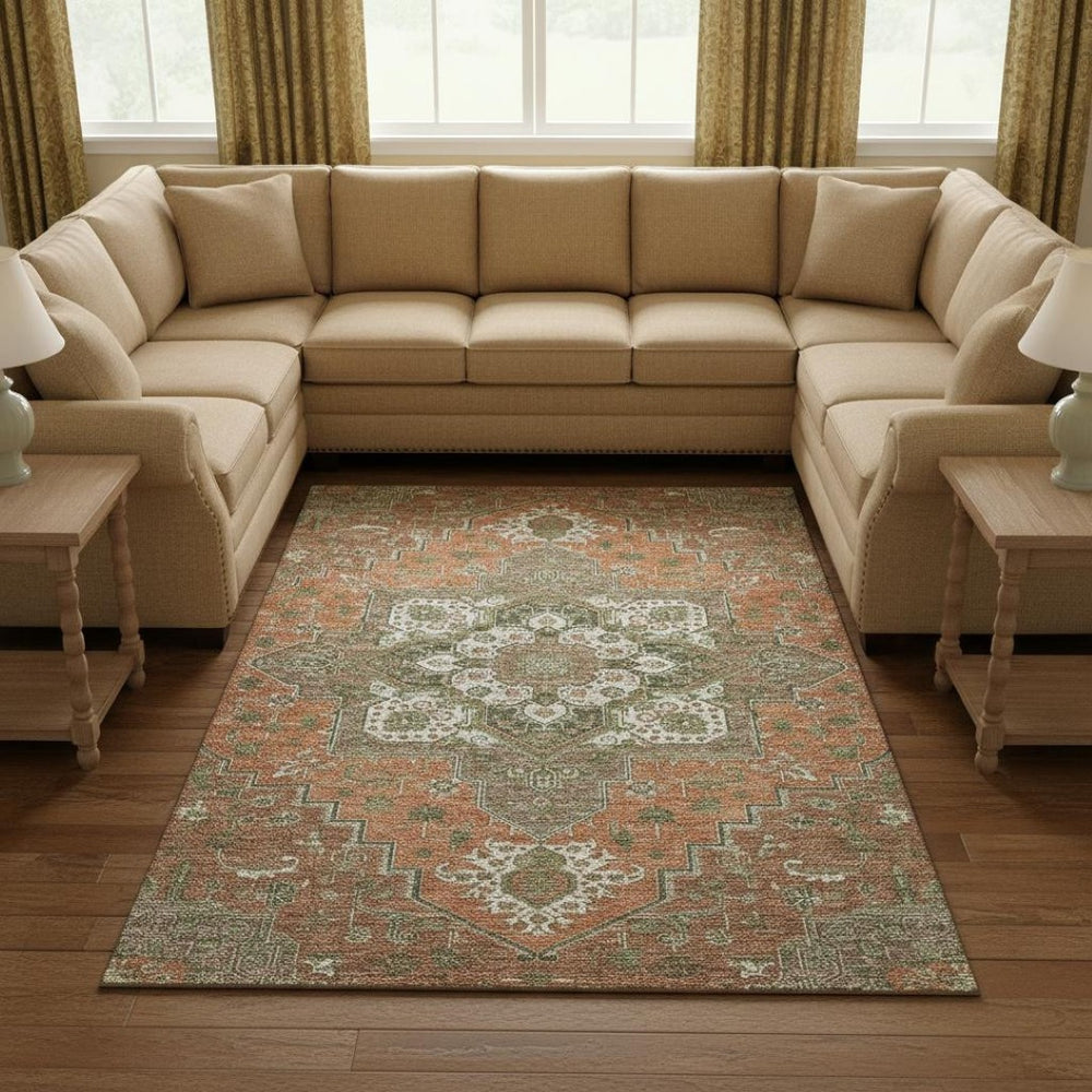 HomeRoots 9' X 12' Washable Oriental Area Rug in Rust, Beige & Olive Green - Durable, UV Protected & Stylish 681340