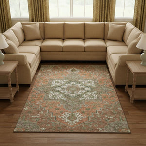 HomeRoots 9' X 12' Washable Oriental Area Rug in Rust, Beige & Olive Green - Durable, UV Protected & Stylish 681340