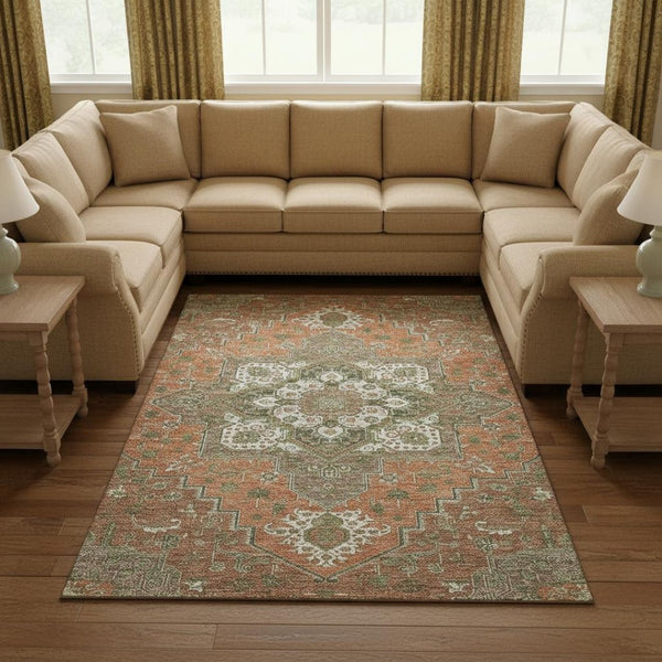 HomeRoots 9' X 12' Washable Oriental Area Rug in Rust, Beige & Olive Green - Durable, UV Protected & Stylish 681340