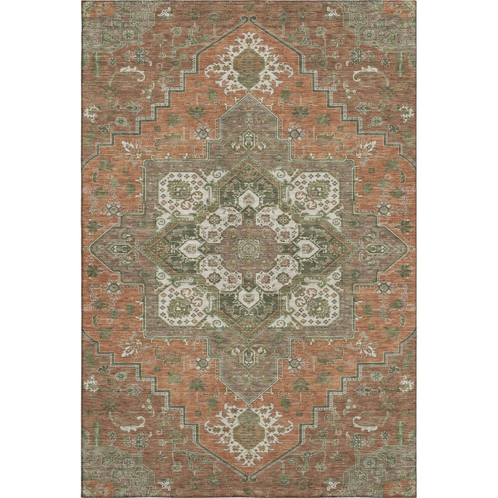 HomeRoots 9' X 12' Washable Oriental Area Rug in Rust, Beige & Olive Green - Durable, UV Protected & Stylish 681340