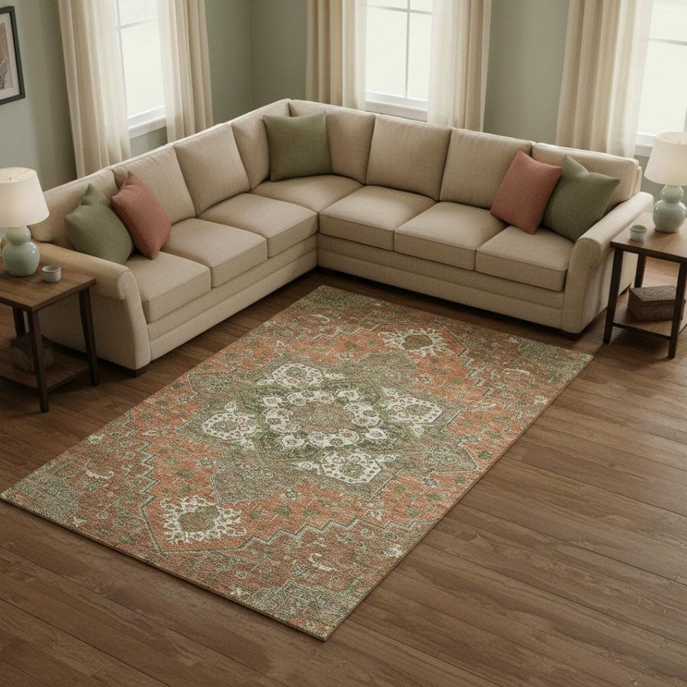 HomeRoots 10' X 14' Elegant Oriental Washable Area Rug in Rust Beige & Olive Green - UV Protected, Durable Design 681341