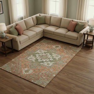HomeRoots 10' X 14' Elegant Oriental Washable Area Rug in Rust Beige & Olive Green - UV Protected, Durable Design 681341