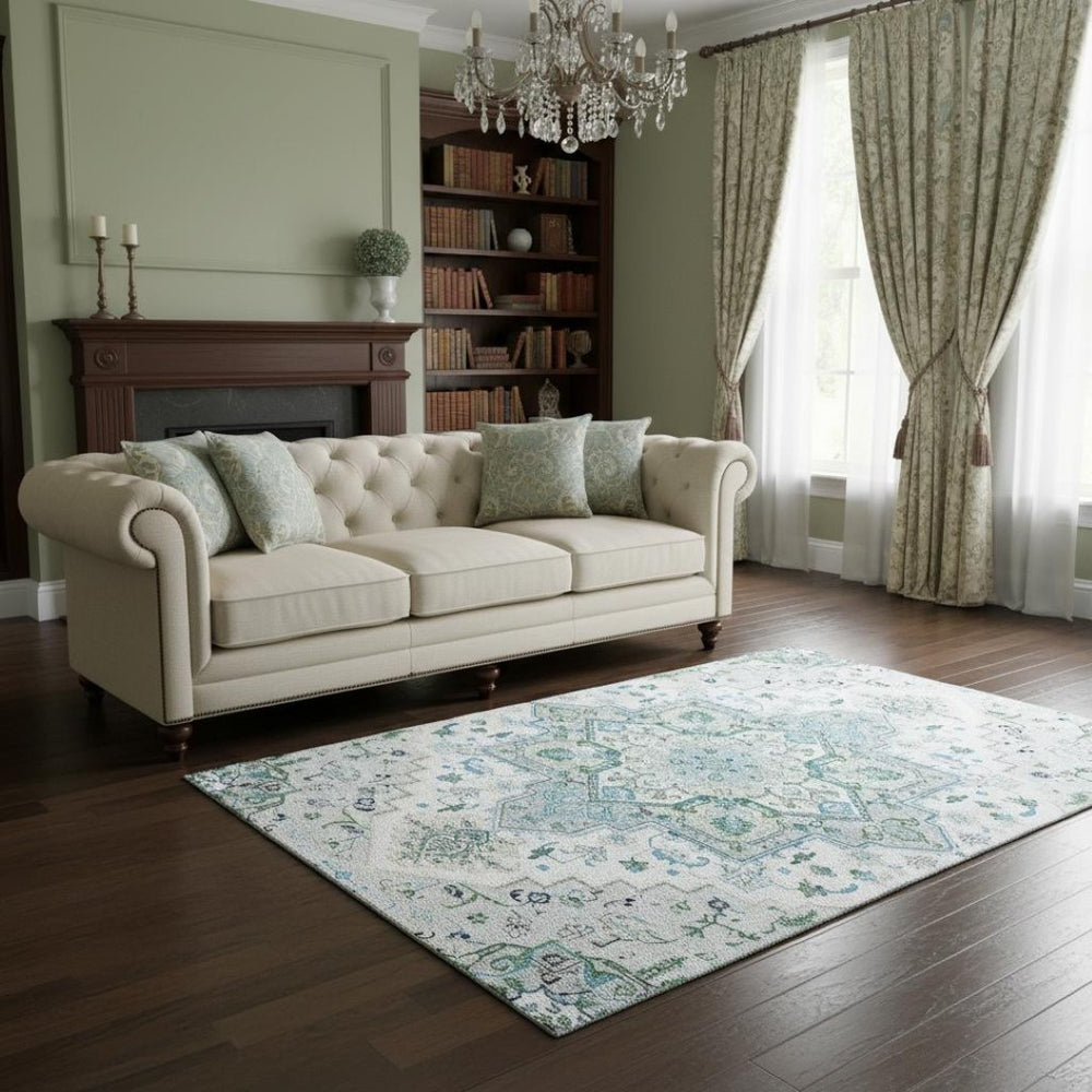 HomeRoots 5' X 8' Washable Silver Blue & Ivory Oriental Area Rug with UV Protection for Home Elegance 681343