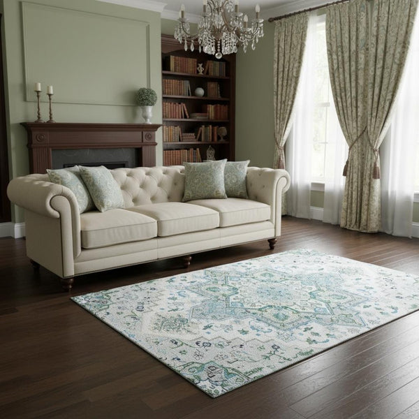 HomeRoots 5' X 8' Washable Silver Blue & Ivory Oriental Area Rug with UV Protection for Home Elegance 681343