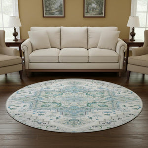 HomeRoots 8' Elegant Silver Blue & Ivory Oriental Round Rug – Washable, UV Protected, & Stain Resistant! 681344