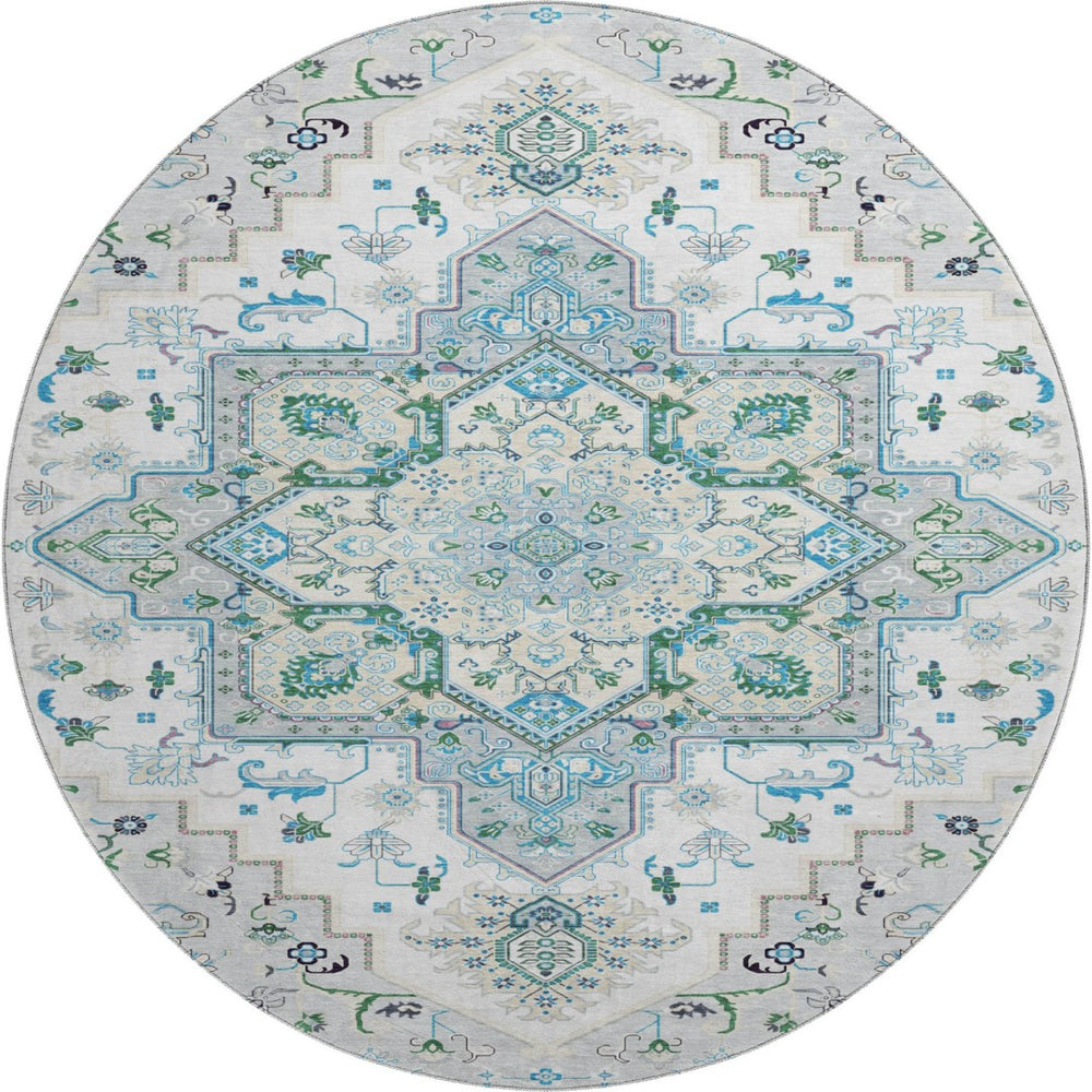 HomeRoots 8' Elegant Silver Blue & Ivory Oriental Round Rug – Washable, UV Protected, & Stain Resistant! 681344