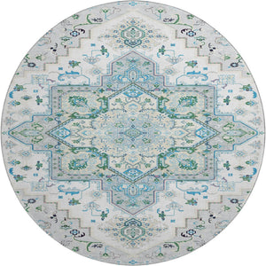 HomeRoots 8' Elegant Silver Blue & Ivory Oriental Round Rug – Washable, UV Protected, & Stain Resistant! 681344