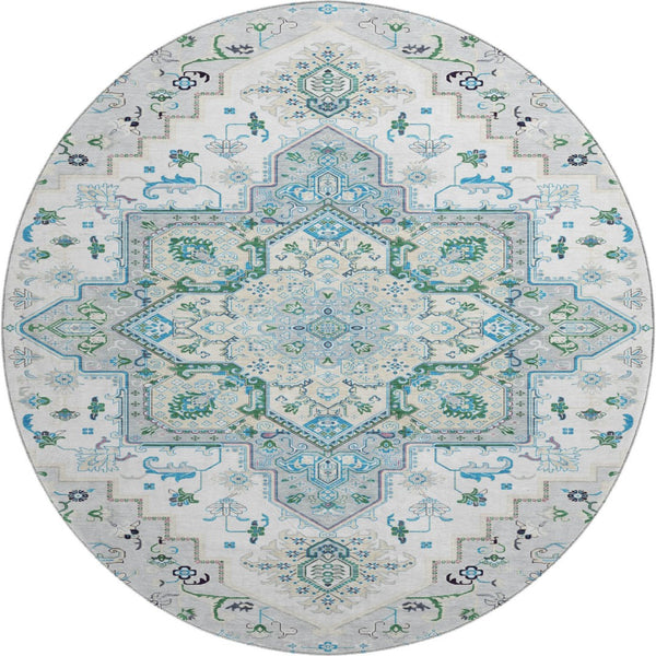 HomeRoots 8' Elegant Silver Blue & Ivory Oriental Round Rug – Washable, UV Protected, & Stain Resistant! 681344
