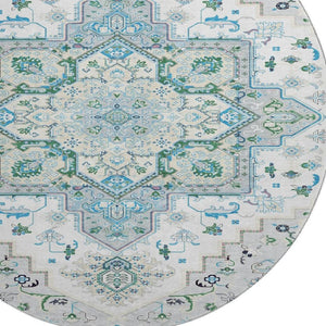 HomeRoots 8' Elegant Silver Blue & Ivory Oriental Round Rug – Washable, UV Protected, & Stain Resistant! 681344