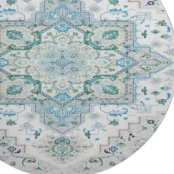 HomeRoots 8' Elegant Silver Blue & Ivory Oriental Round Rug – Washable, UV Protected, & Stain Resistant! 681344
