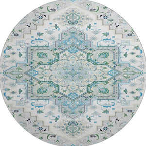 HomeRoots 8' Elegant Silver Blue & Ivory Oriental Round Rug – Washable, UV Protected, & Stain Resistant! 681344