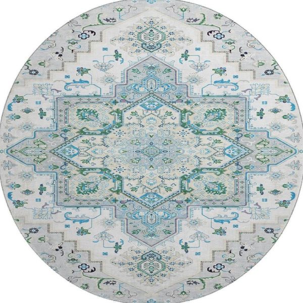 HomeRoots 8' Elegant Silver Blue & Ivory Oriental Round Rug – Washable, UV Protected, & Stain Resistant! 681344