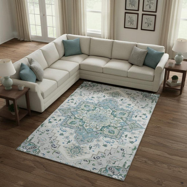 HomeRoots 8' X 10' Elegant Silver Blue and Ivory Oriental Area Rug - Washable, Stain-Resistant, UV Protected! 681345