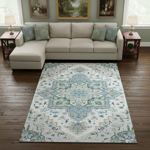 HomeRoots 9' Silver Blue & Ivory Oriental Area Rug - Washable, Stain-Resistant, UV-Protected for High-Traffic Homes 681346