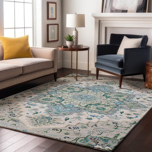 HomeRoots 9' Silver Blue & Ivory Oriental Area Rug - Washable, Stain-Resistant, UV-Protected for High-Traffic Homes 681346