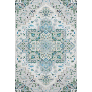 HomeRoots 9' Silver Blue & Ivory Oriental Area Rug - Washable, Stain-Resistant, UV-Protected for High-Traffic Homes 681346