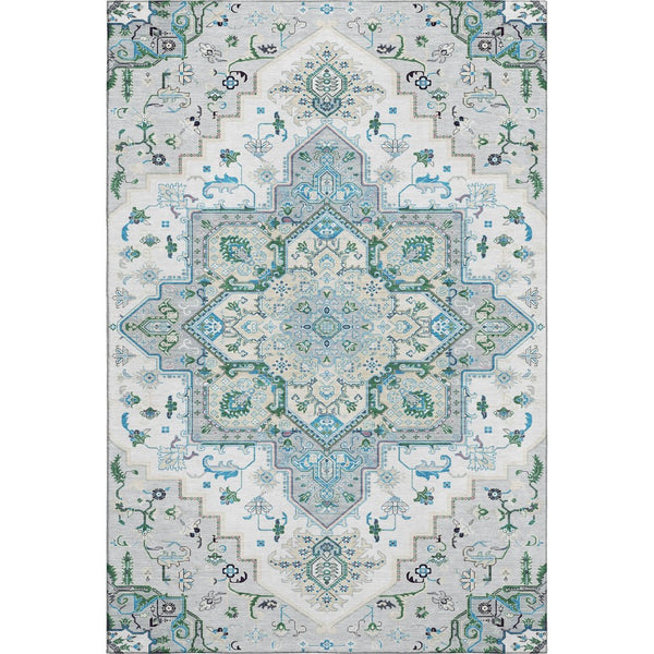 HomeRoots 9' Silver Blue & Ivory Oriental Area Rug - Washable, Stain-Resistant, UV-Protected for High-Traffic Homes 681346
