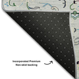 HomeRoots 9' Silver Blue & Ivory Oriental Area Rug - Washable, Stain-Resistant, UV-Protected for High-Traffic Homes 681346