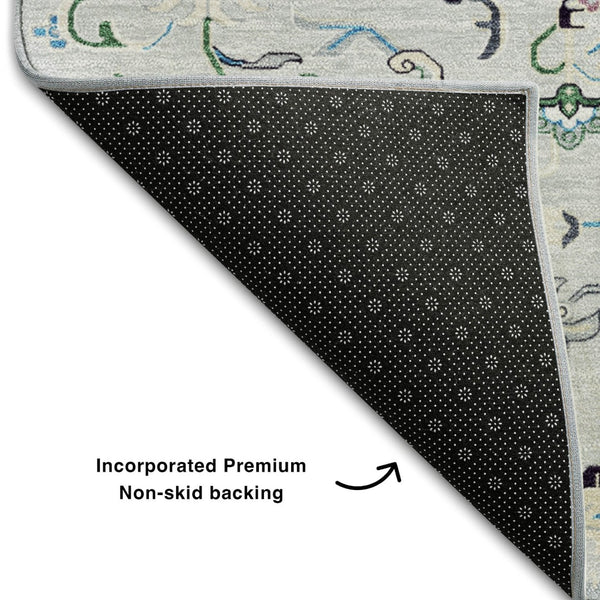 HomeRoots 9' Silver Blue & Ivory Oriental Area Rug - Washable, Stain-Resistant, UV-Protected for High-Traffic Homes 681346
