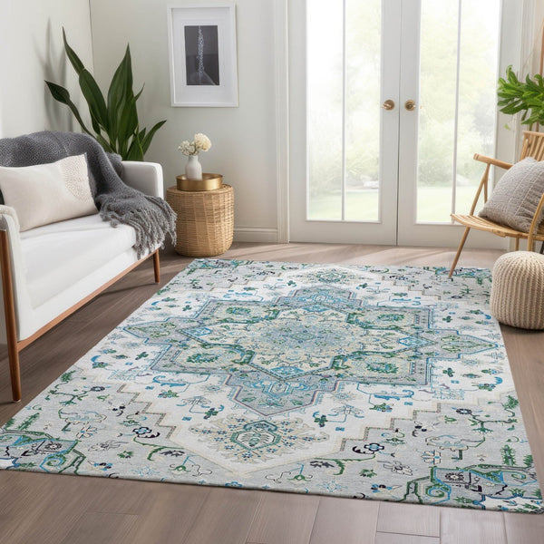 HomeRoots 9' Silver Blue & Ivory Oriental Area Rug - Washable, Stain-Resistant, UV-Protected for High-Traffic Homes 681346