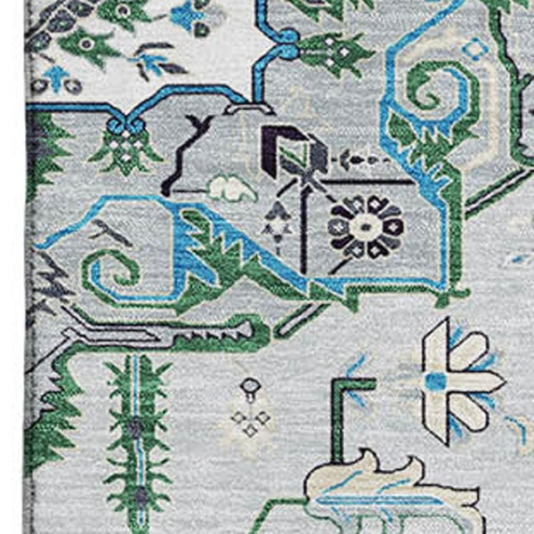HomeRoots 9' Silver Blue & Ivory Oriental Area Rug - Washable, Stain-Resistant, UV-Protected for High-Traffic Homes 681346
