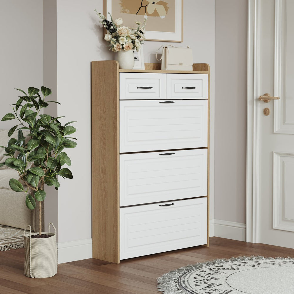 English Elm 1250 White & Oak Shoe Cabinet - Stylish 3-Door Storage With 2 Drawers For Organized Entryways & Bedrooms W1320P236452