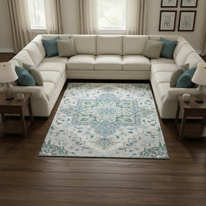 HomeRoots 10' Silver Blue & Ivory Oriental Washable Area Rug - Stain Resistant, UV Protected, Durable Design 681347