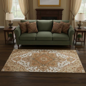 HomeRoots 5' X 8' Terra Cotta Ivory Beige Oriental Area Rug - Washable, Stain Resistant, UV Protected Elegance 681349