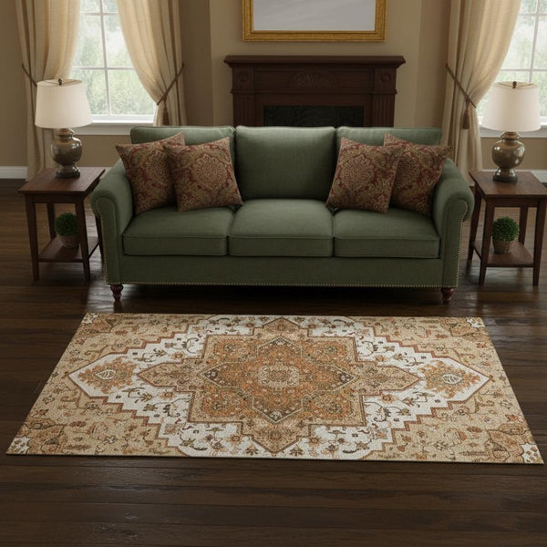 HomeRoots 5' X 8' Terra Cotta Ivory Beige Oriental Area Rug - Washable, Stain Resistant, UV Protected Elegance 681349