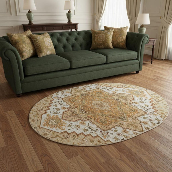 HomeRoots 8' Terra Cotta Oriental Round Rug - Soft, Washable, Stain-Resistant with UV Protection for Homes 681350