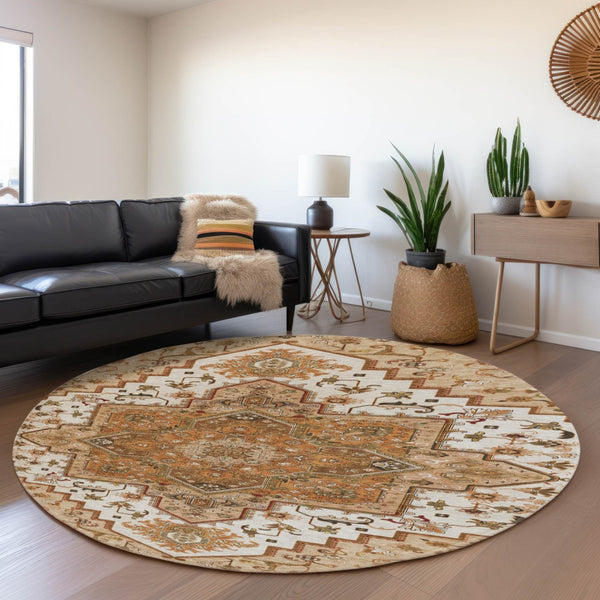 HomeRoots 8' Terra Cotta Oriental Round Rug - Soft, Washable, Stain-Resistant with UV Protection for Homes 681350