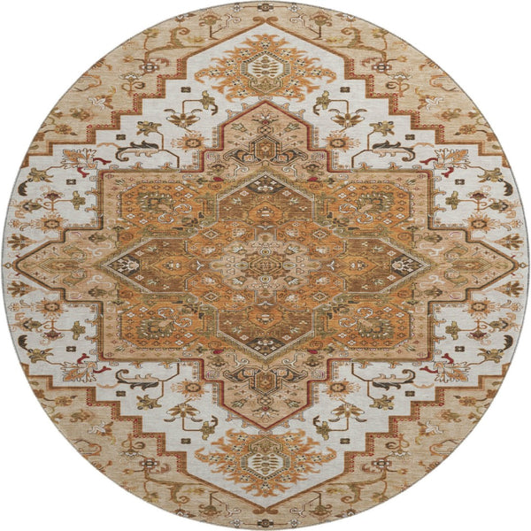 HomeRoots 8' Terra Cotta Oriental Round Rug - Soft, Washable, Stain-Resistant with UV Protection for Homes 681350