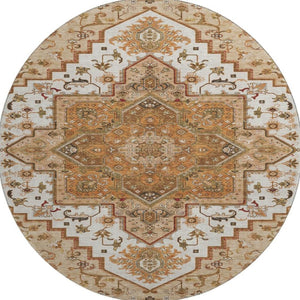 HomeRoots 8' Terra Cotta Oriental Round Rug - Soft, Washable, Stain-Resistant with UV Protection for Homes 681350