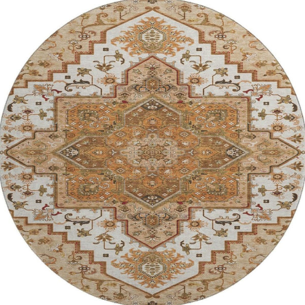 HomeRoots 8' Terra Cotta Oriental Round Rug - Soft, Washable, Stain-Resistant with UV Protection for Homes 681350