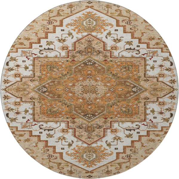 HomeRoots 8' Terra Cotta Oriental Round Rug - Soft, Washable, Stain-Resistant with UV Protection for Homes 681350