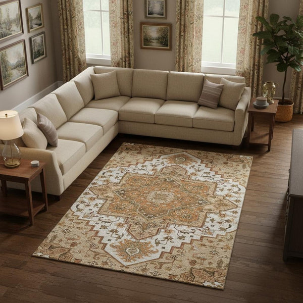 HomeRoots 9' X 12' Terra Cotta Ivory & Beige Oriental Area Rug - Washable, UV Protected & Family-Friendly Design 681352