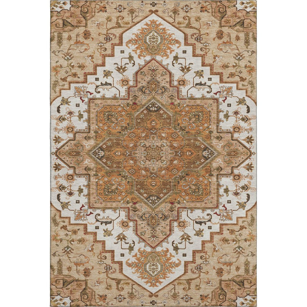 HomeRoots 9' X 12' Terra Cotta Ivory & Beige Oriental Area Rug - Washable, UV Protected & Family-Friendly Design 681352