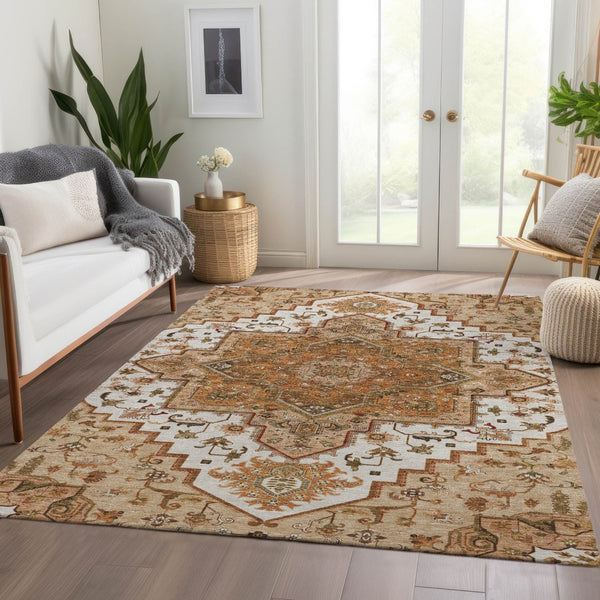 HomeRoots 9' X 12' Terra Cotta Ivory & Beige Oriental Area Rug - Washable, UV Protected & Family-Friendly Design 681352