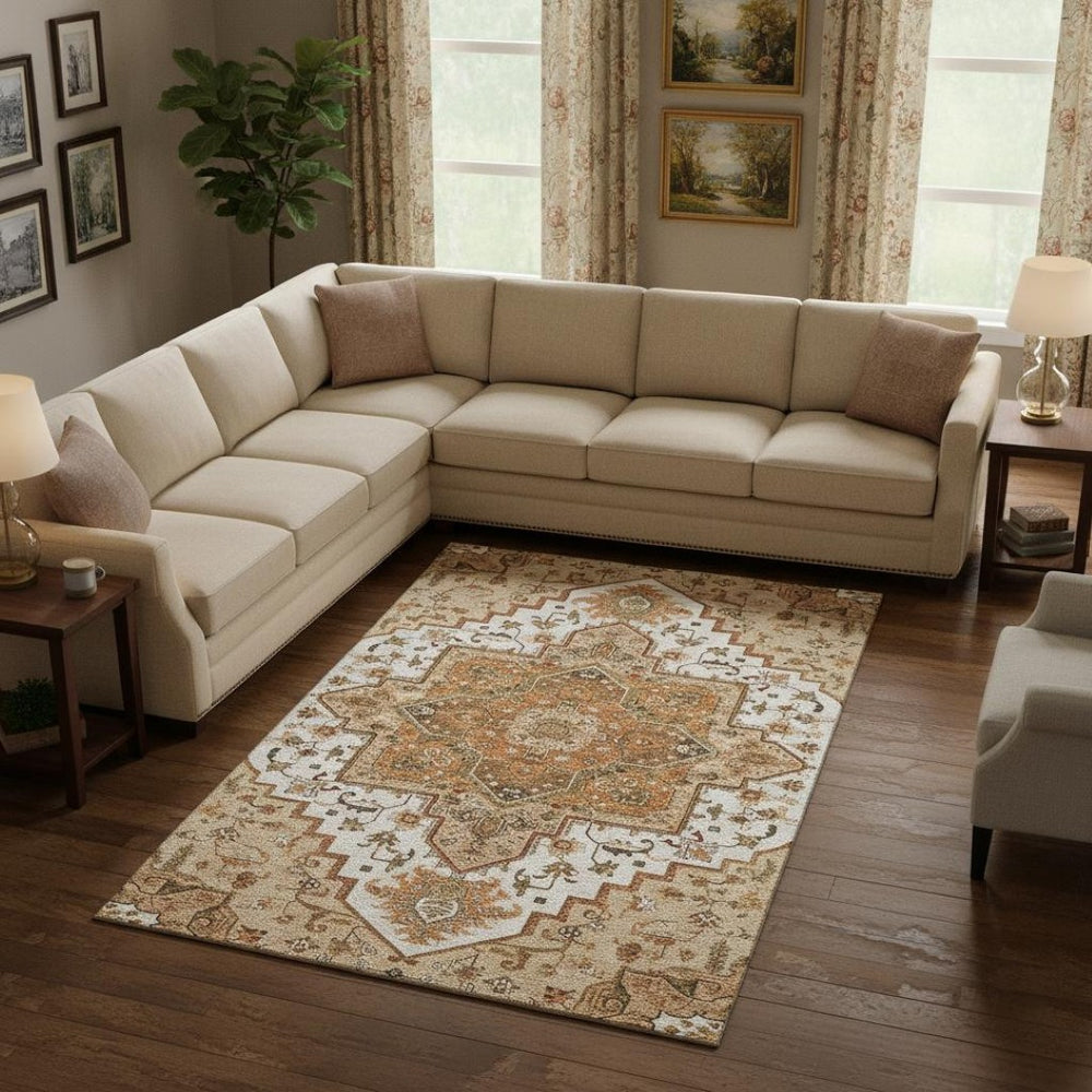 HomeRoots 10' Terra Cotta Ivory & Beige Oriental Area Rug - Washable, Stain-Resistant with UV Protection! 681353