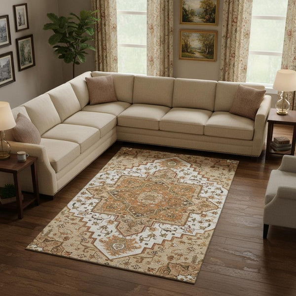 HomeRoots 10' Terra Cotta Ivory & Beige Oriental Area Rug - Washable, Stain-Resistant with UV Protection! 681353