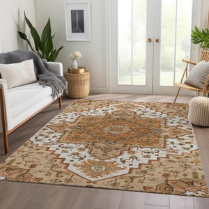 HomeRoots 10' Terra Cotta Ivory & Beige Oriental Area Rug - Washable, Stain-Resistant with UV Protection! 681353