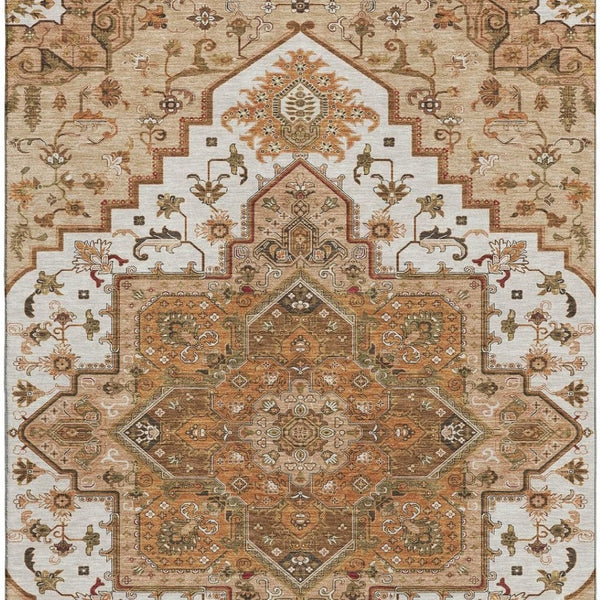 HomeRoots 10' Terra Cotta Ivory & Beige Oriental Area Rug - Washable, Stain-Resistant with UV Protection! 681353