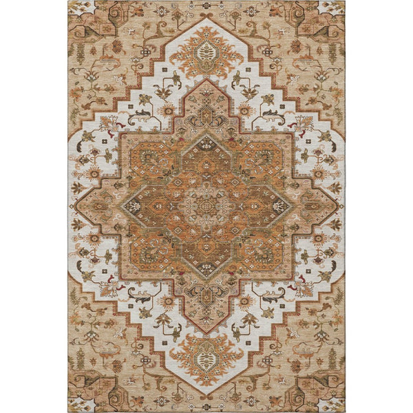 HomeRoots 10' Terra Cotta Ivory & Beige Oriental Area Rug - Washable, Stain-Resistant with UV Protection! 681353